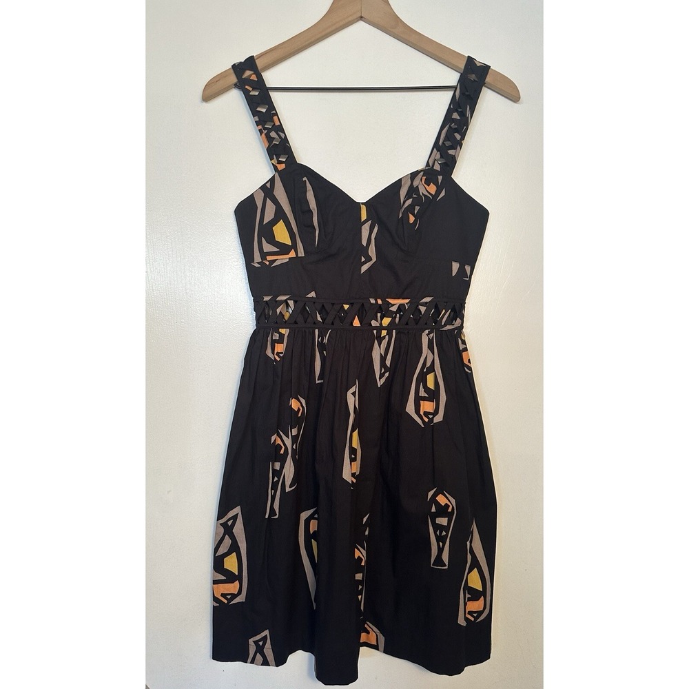 French Connection Geometric Print Mini Dress Black Cut‎ Out Waist Straps Size 2